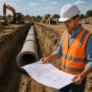 Construction site showing installation of large concrete stormwater pipes for a drainage network