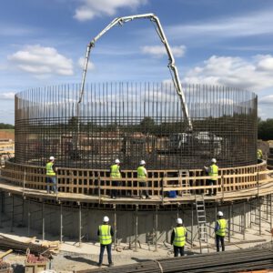 Large scale reinforced concrete water tank construction site showing reinforcement and formwork