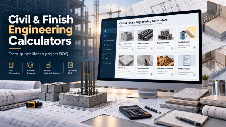 Civil and Finish Engineering Calculators for concrete, rebar, excavation, masonry, and construction cost estimation